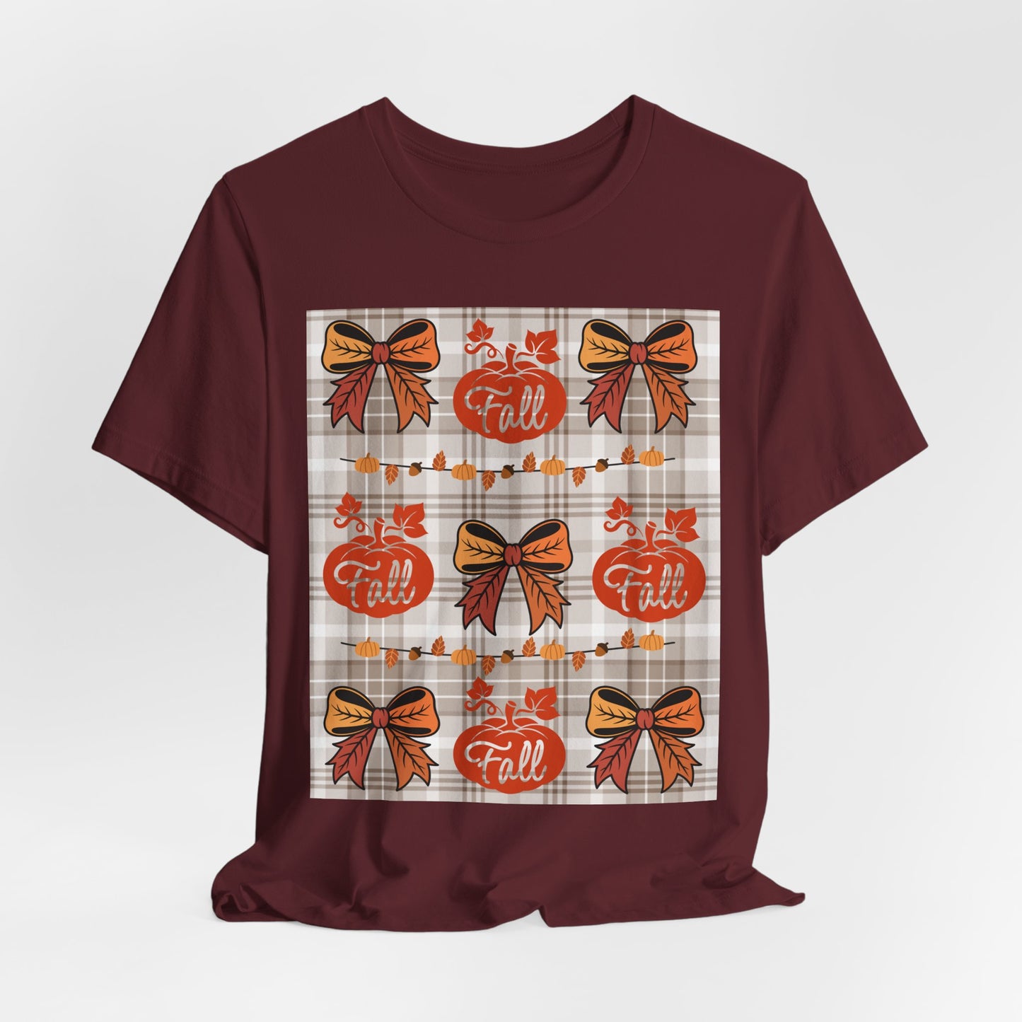 SunflowerPorchCo Fall Pumpkin Plaid Pattern Tee | Autumn Bow Graphic T-Shirt