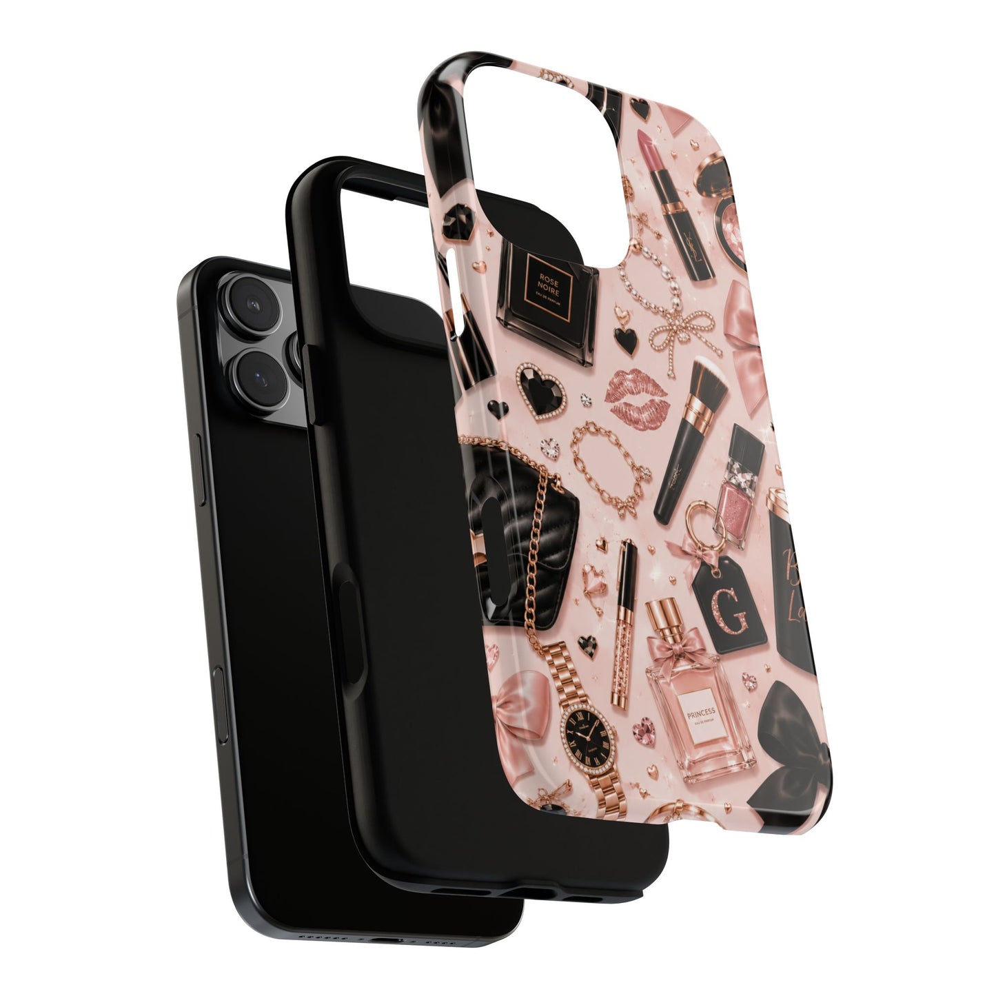 Sunflower Porch Co Glam Makeup Pattern Phone Case | Rose Gold Cosmetics, Perfume, Lipstick