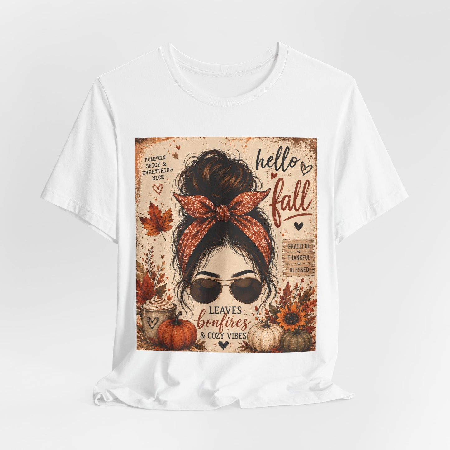 Sunflower Porch Co Hello Fall messy bun graphic Tee | Pumpkin leaves sunflower autumn design