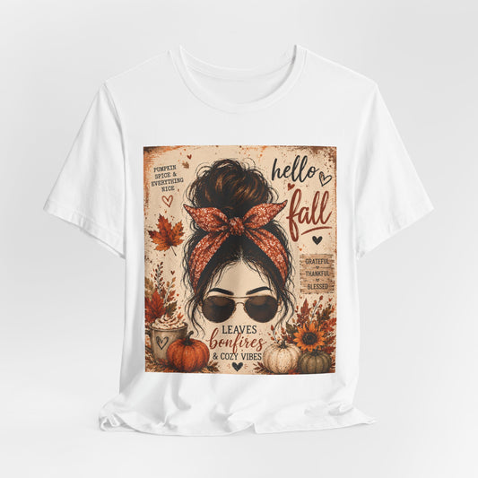 Sunflower Porch Co Hello Fall messy bun graphic Tee | Pumpkin leaves sunflower autumn design