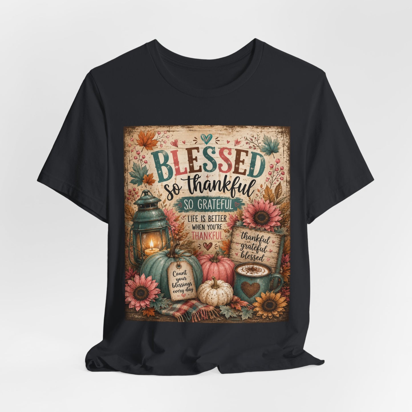 Sunflower Porch Co Blessed So Thankful Thanksgiving Tee | Fall Pumpkin Sunflower Tee