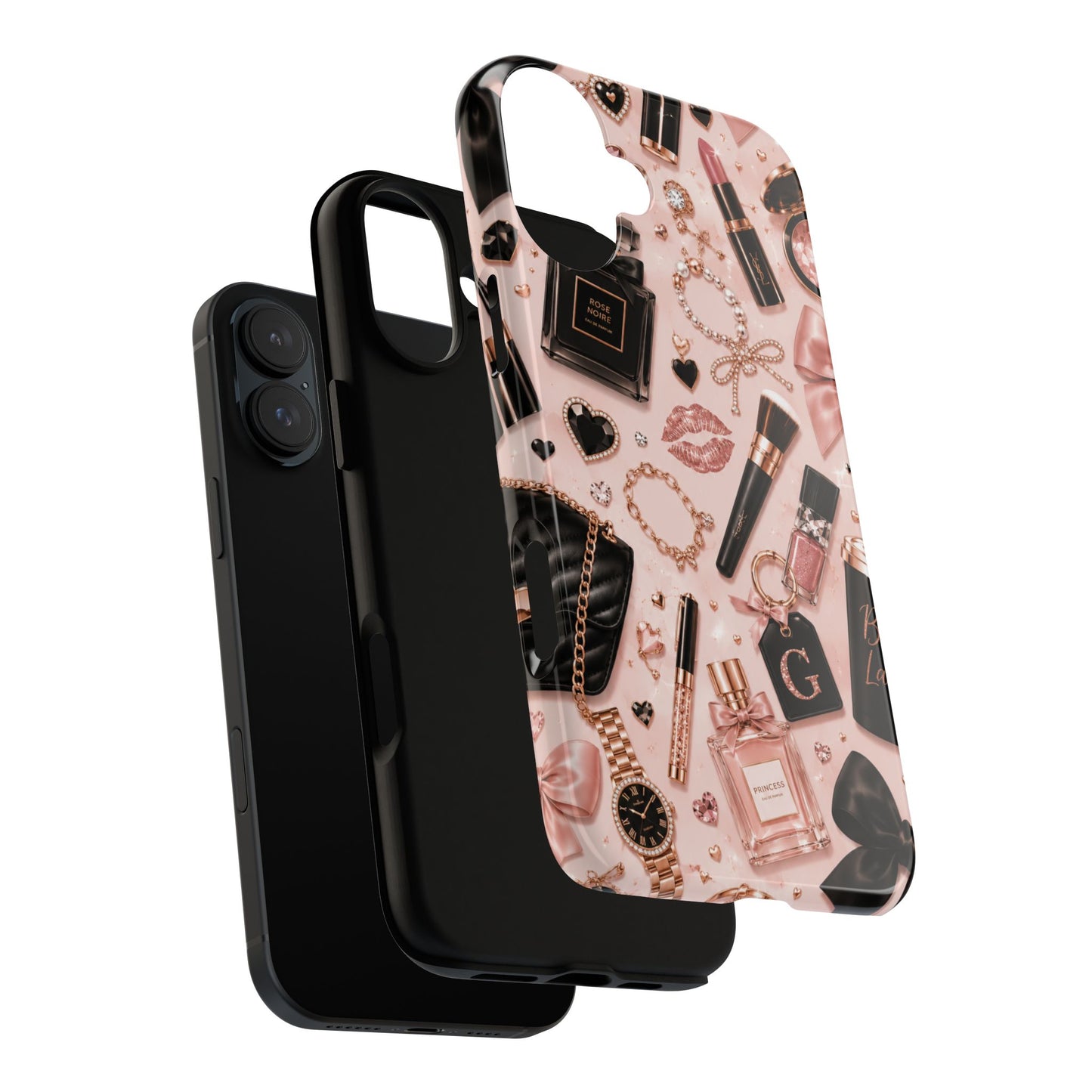 Sunflower Porch Co Glam Makeup Pattern Phone Case | Rose Gold Cosmetics, Perfume, Lipstick