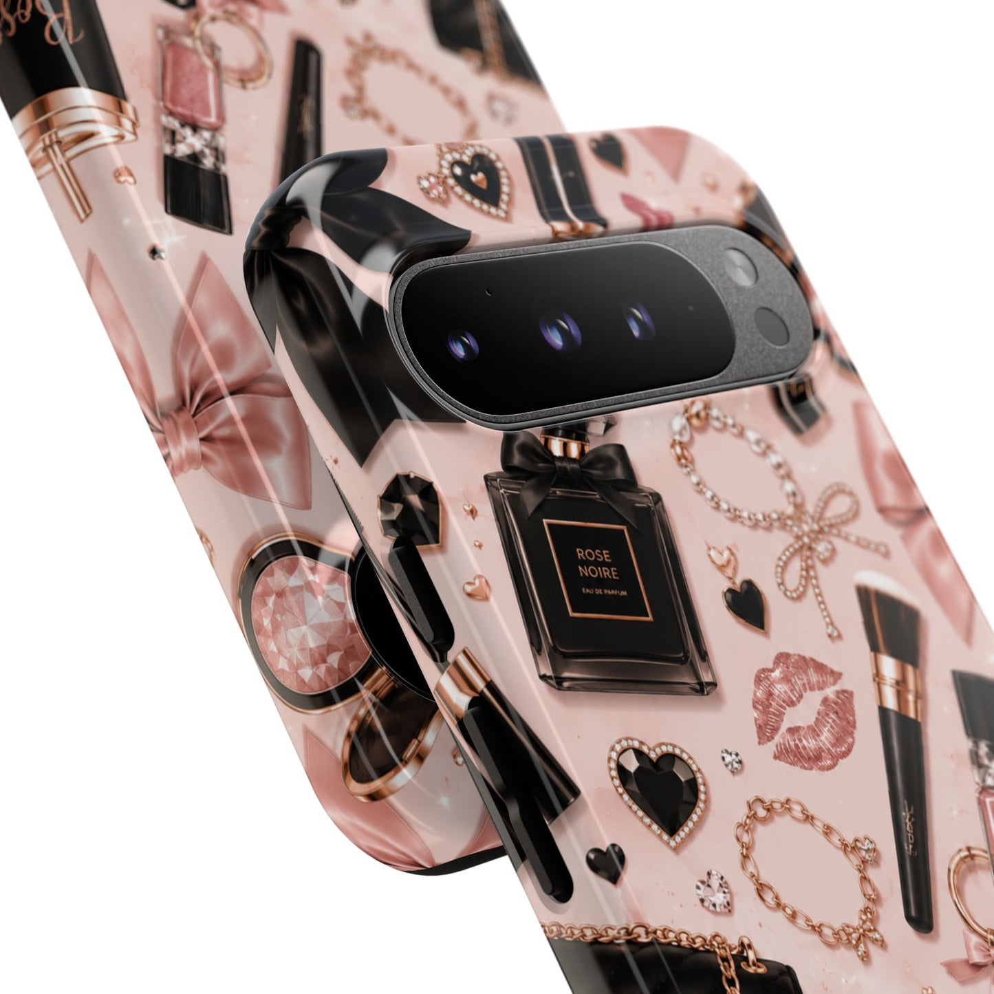 Sunflower Porch Co Glam Makeup Pattern Phone Case | Rose Gold Cosmetics, Perfume, Lipstick