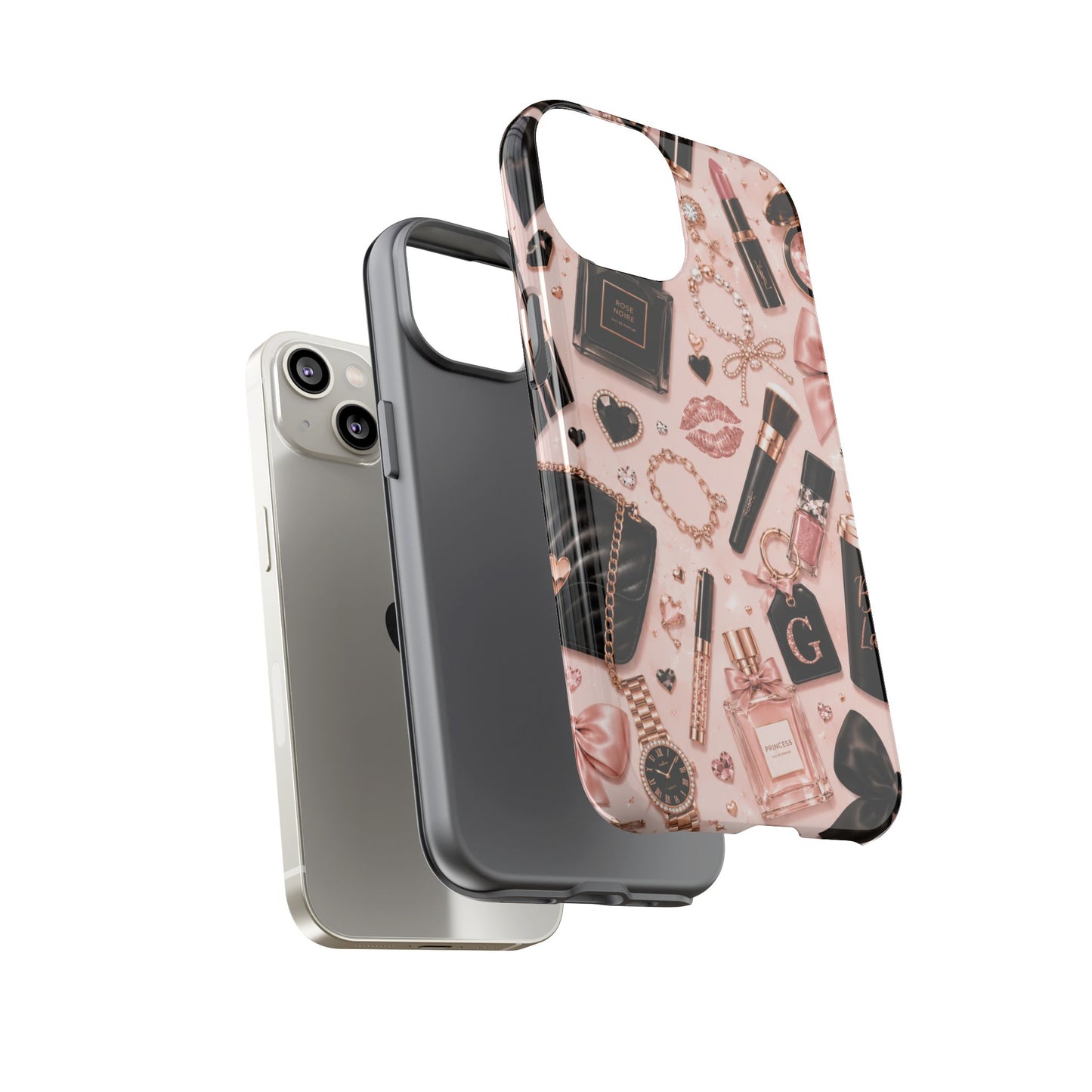 Sunflower Porch Co Glam Makeup Pattern Phone Case | Rose Gold Cosmetics, Perfume, Lipstick