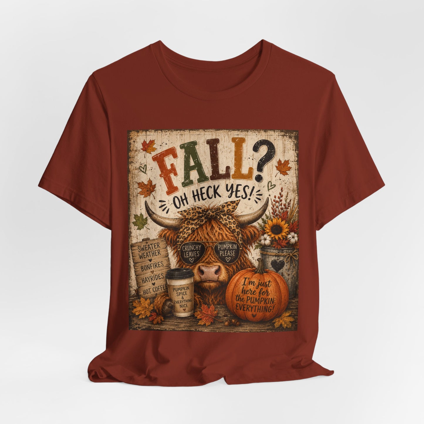 Sunflower Porch Co Fall? Oh Heck Yes! Highland Cow Pumpkin Tee | Autumn Coffee Leaves Shirt