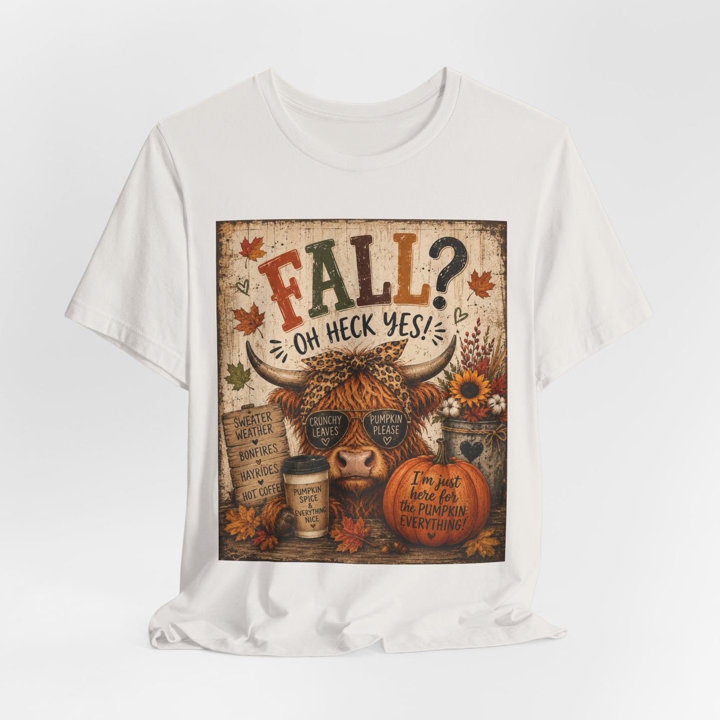 Sunflower Porch Co Fall? Oh Heck Yes! Highland Cow Pumpkin Tee | Autumn Coffee Leaves Shirt