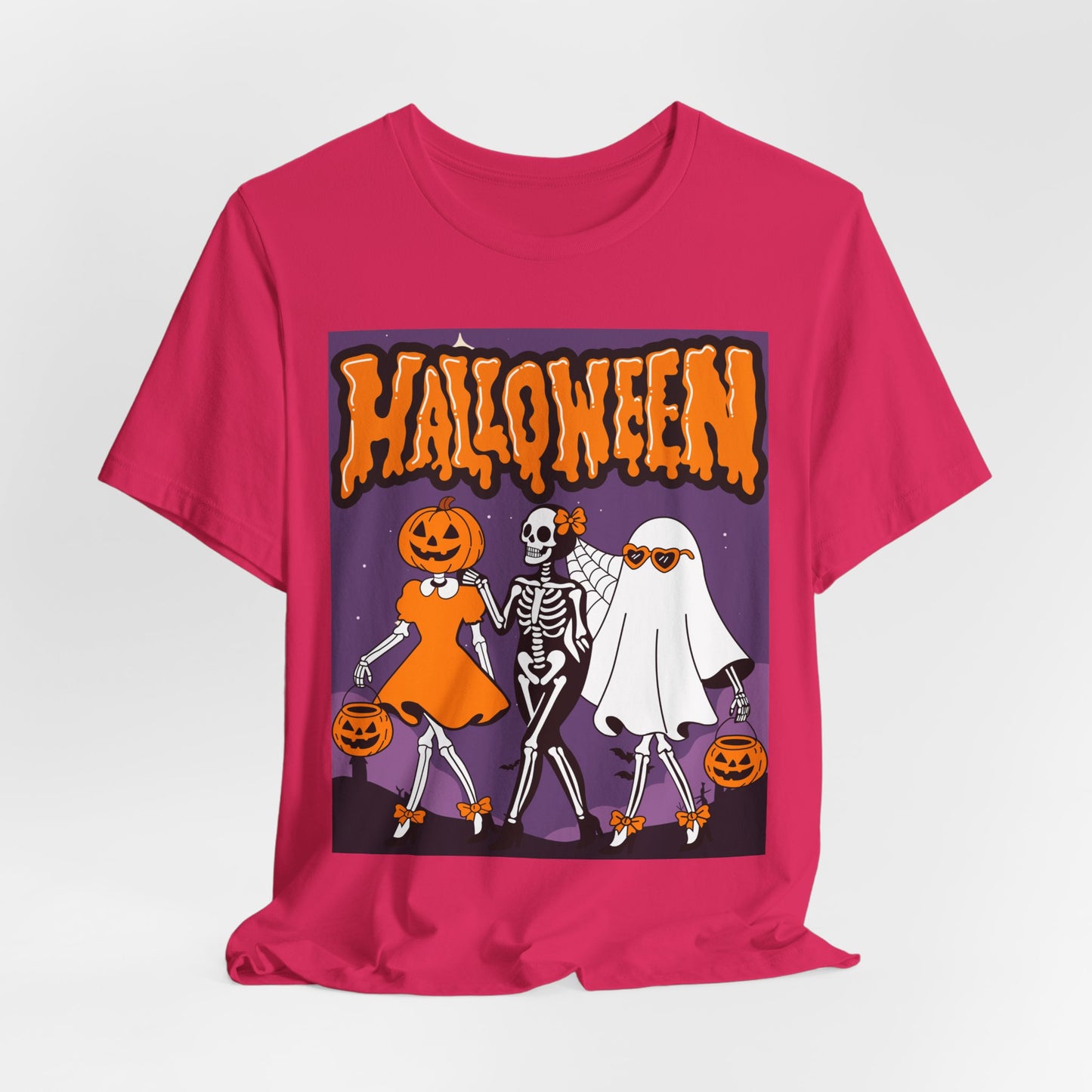 SunflowerPorchCo Dancing Skeletons and Pumpkins Halloween T-Shirt | Retro Spooky Trio Tee