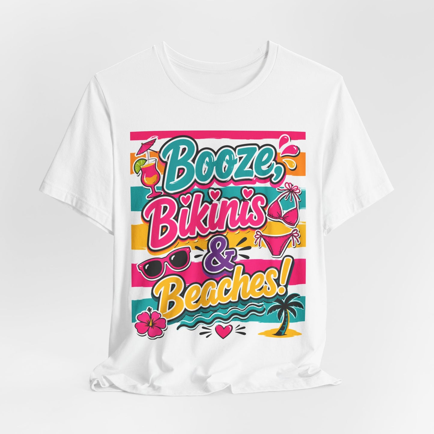 Sunflower Porch Co. Booze Bikinis & Beaches T-Shirt — Summer Beach Party Graphic Tee