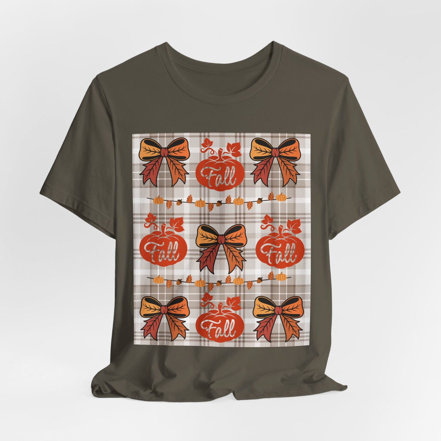 SunflowerPorchCo Fall Pumpkin Plaid Pattern Tee | Autumn Bow Graphic T-Shirt