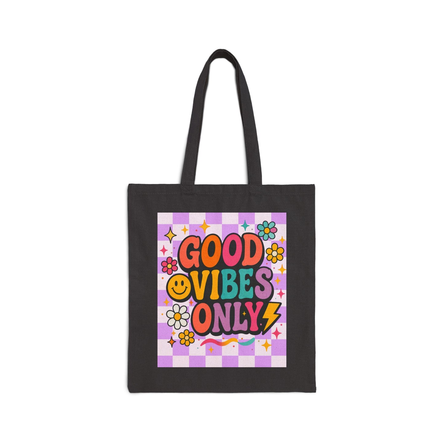 Good Vibes Only Tote Bag | Retro Flower Smiley Checkerboard