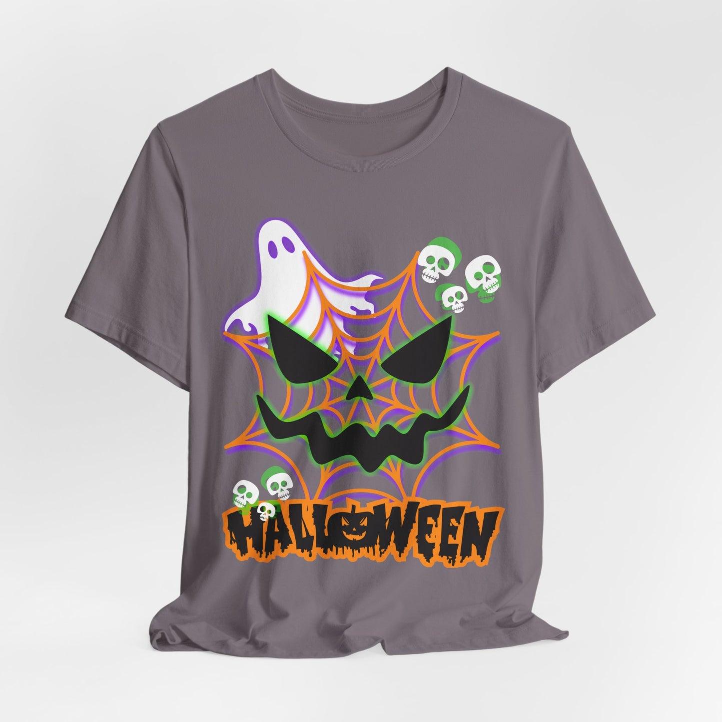 Ghost and Spiderweb Halloween T-Shirt | Skull Accents, Neon Colors