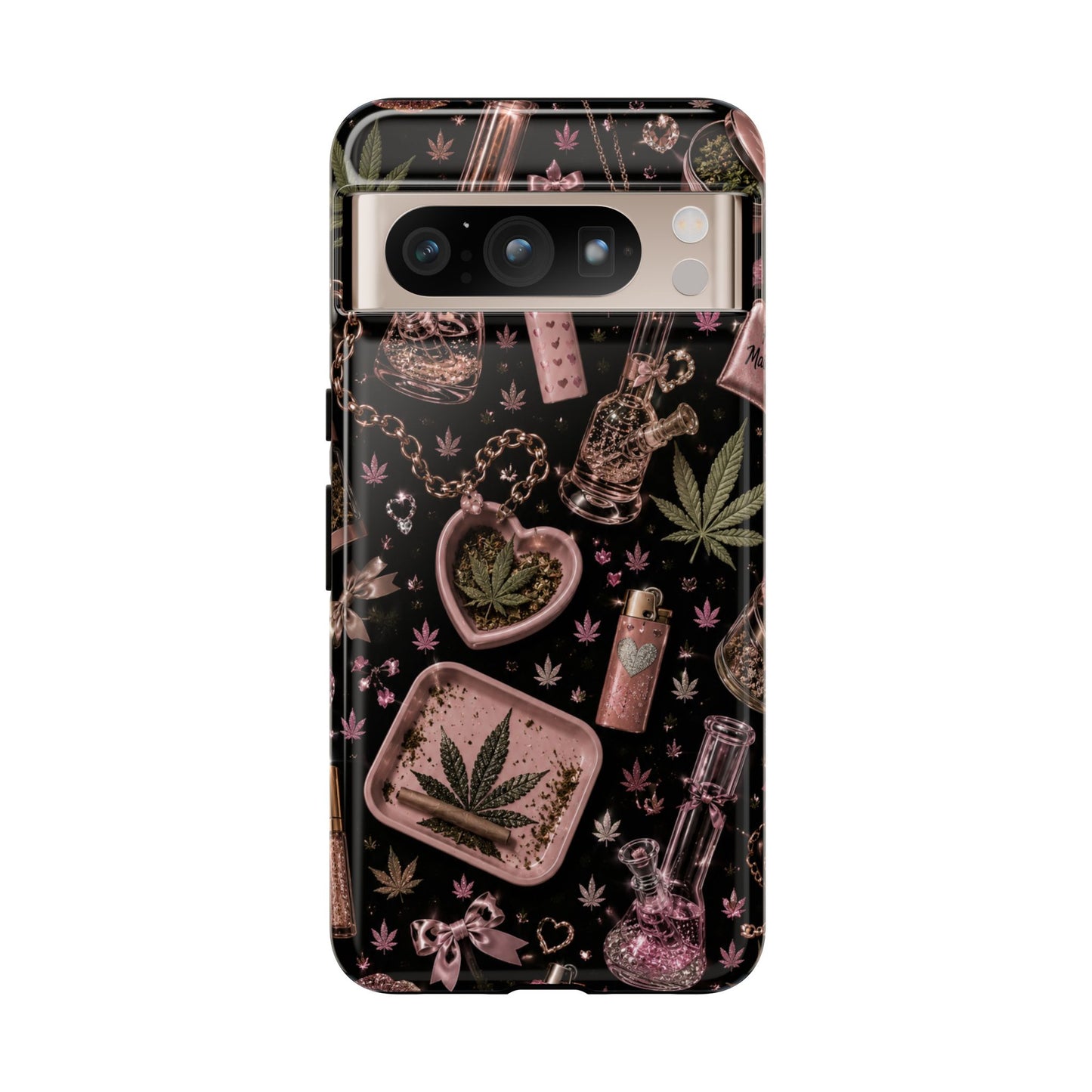 Sunflower Porch Co Pink Cannabis Pattern Tough Case | Weed Leaf Phone Case, Grinder & Lighter Design