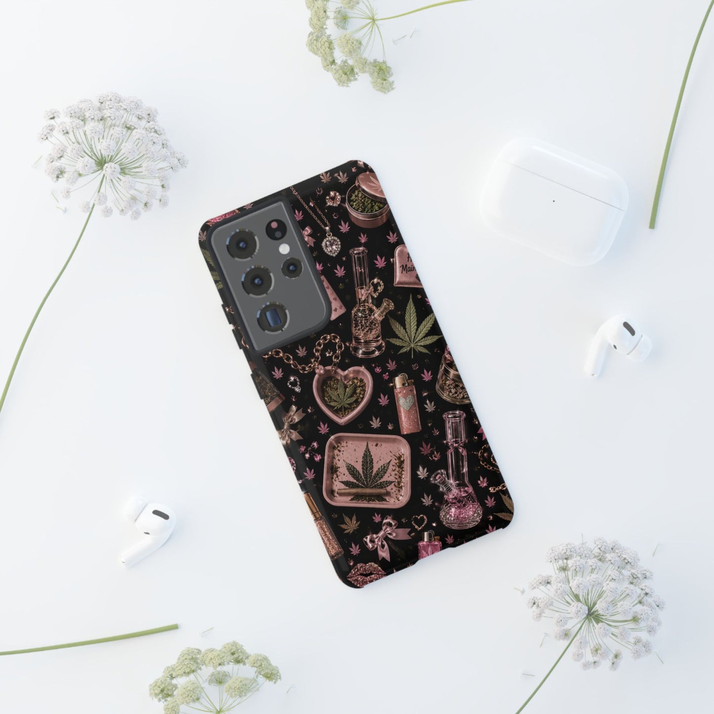 Sunflower Porch Co Pink Cannabis Pattern Tough Case | Weed Leaf Phone Case, Grinder & Lighter Design