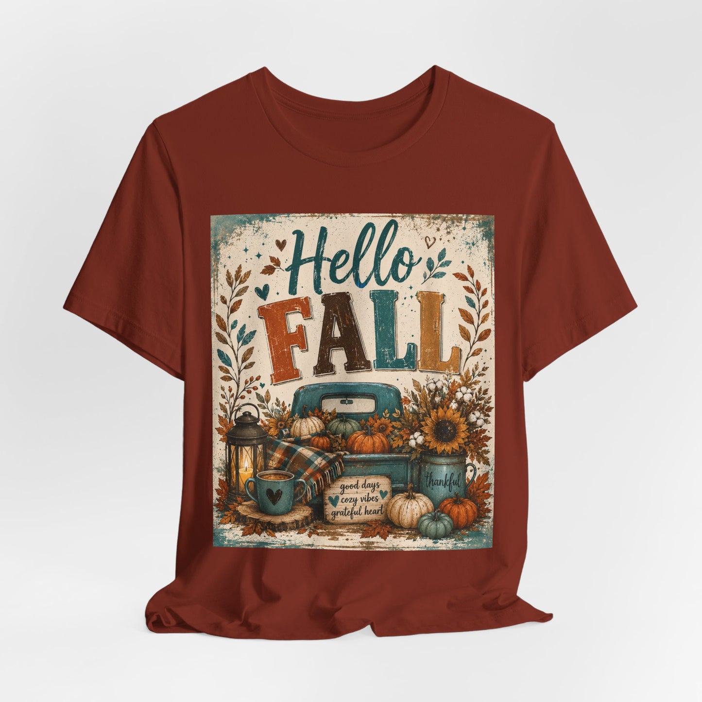 Sunflower Porch Co Hello Fall Truck Tee | Pumpkin, Sunflower, Rustic Autumn Design