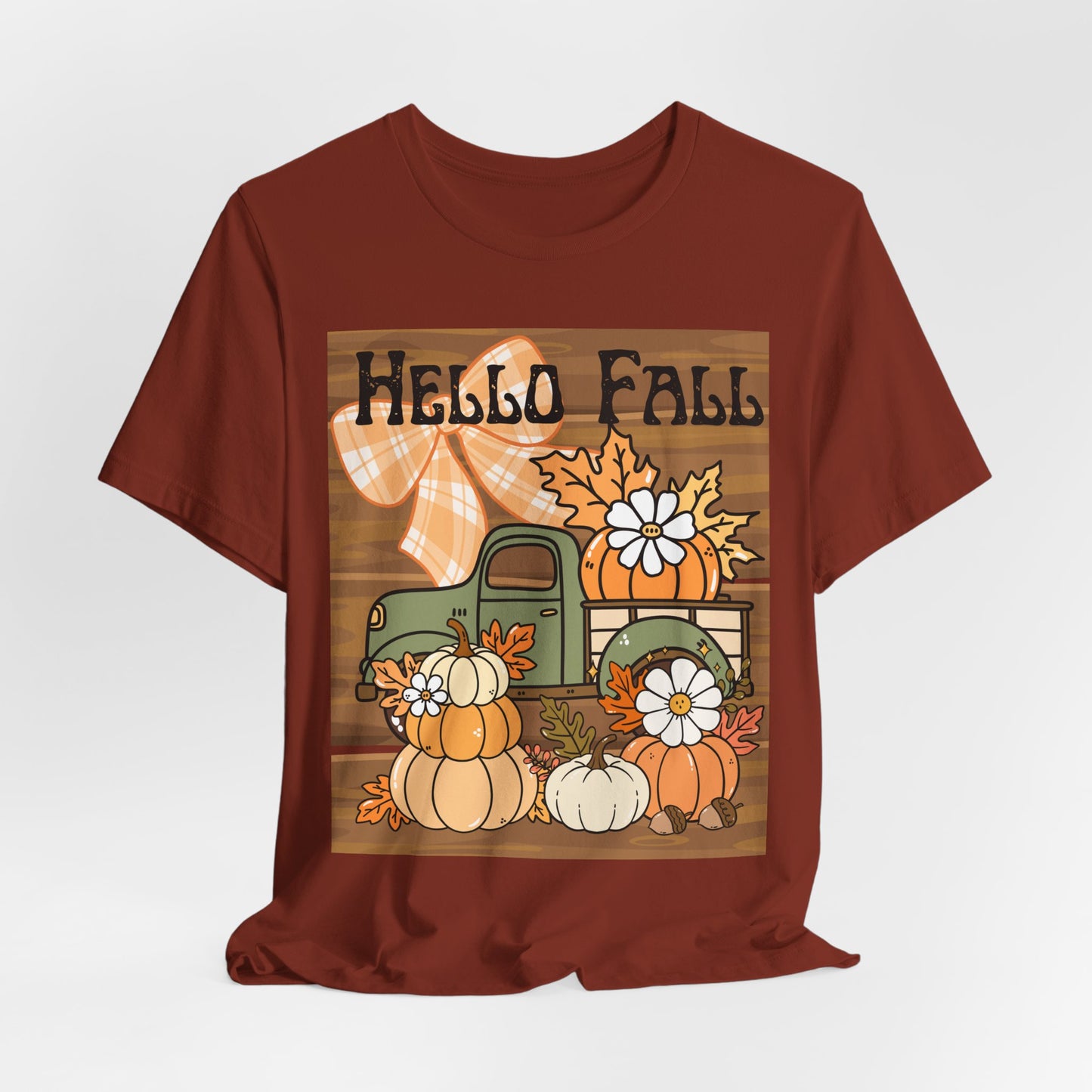 SunflowerPorchCo Hello Fall Pumpkin Truck Tee | Autumn Pumpkins, Plaid Bow, Rustic Wood