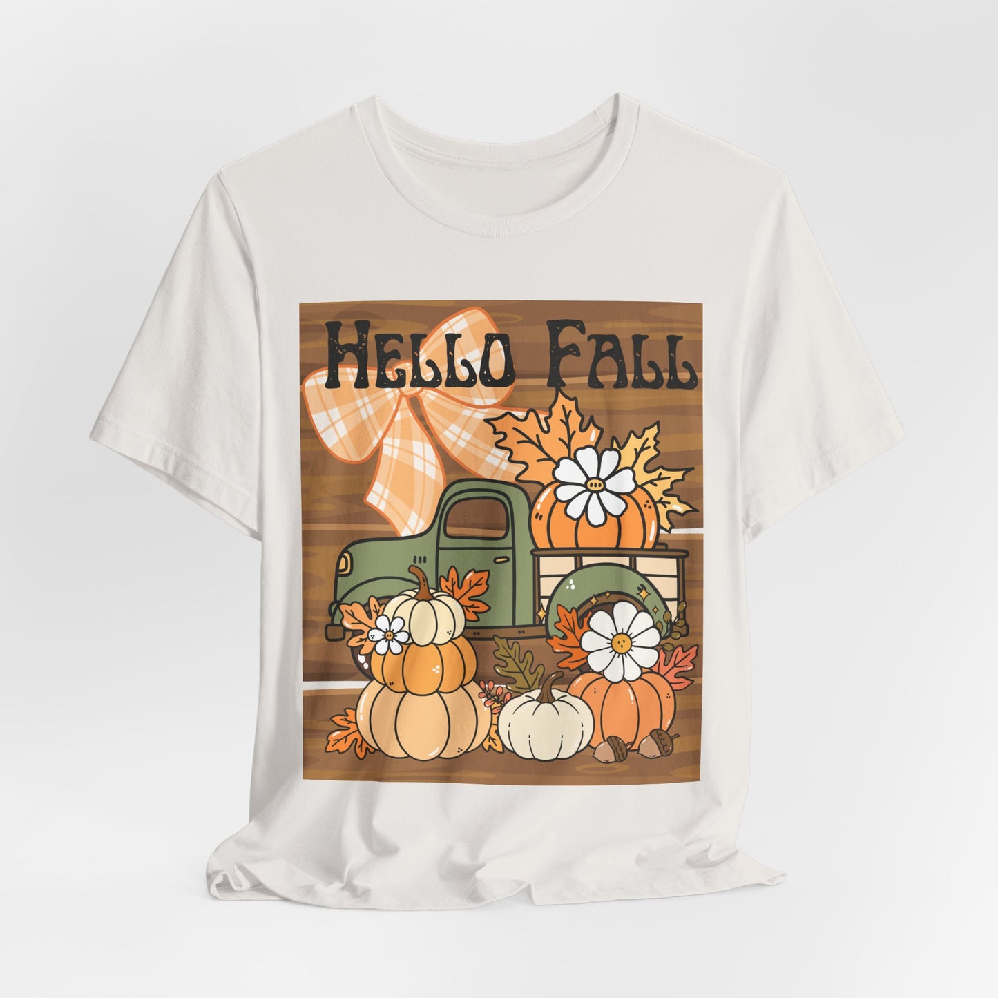 SunflowerPorchCo Hello Fall Pumpkin Truck Tee | Autumn Pumpkins, Plaid Bow, Rustic Wood