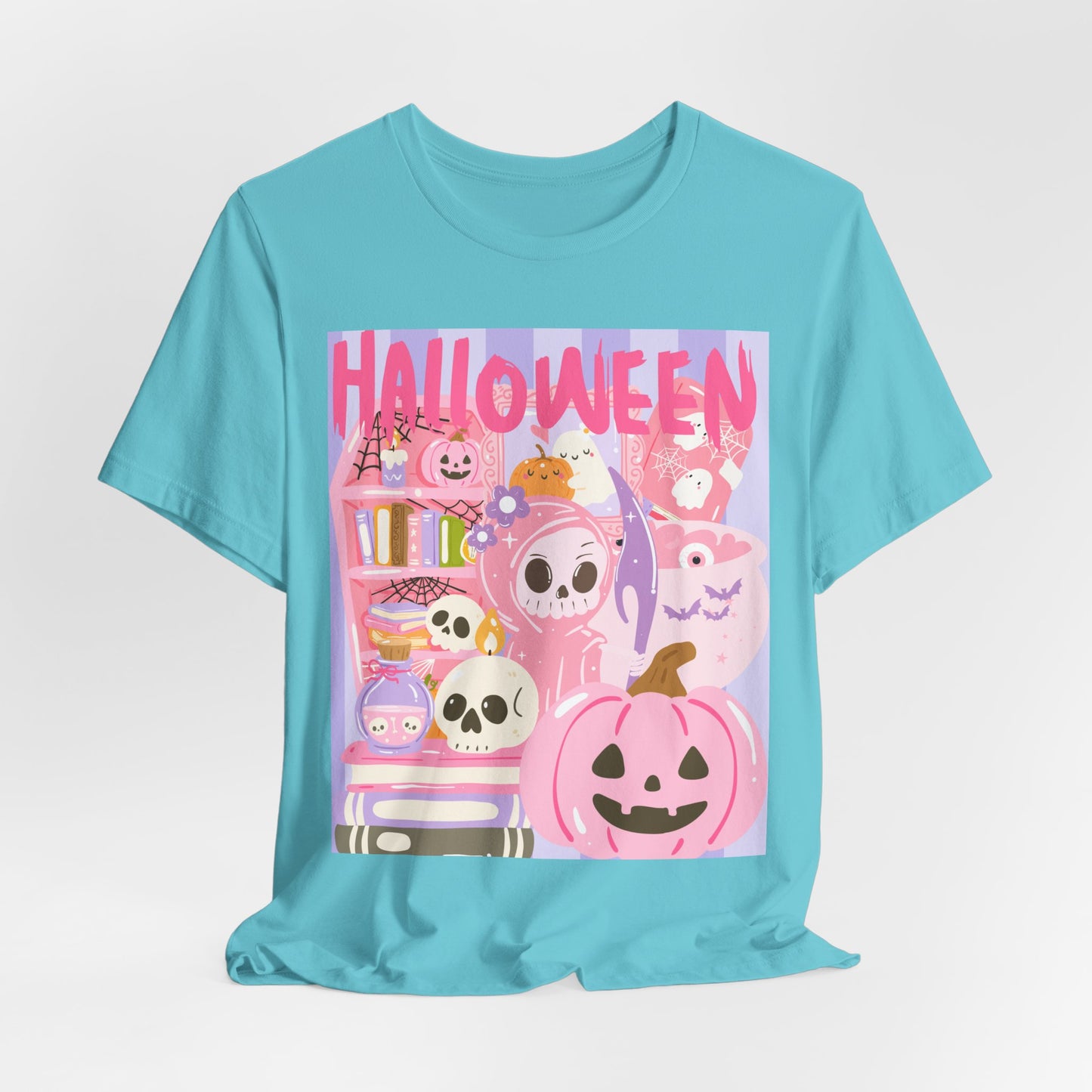 SunflowerPorchCo Pink Cute Halloween Characters Tee | Jack-o'-Lantern Skulls Candy