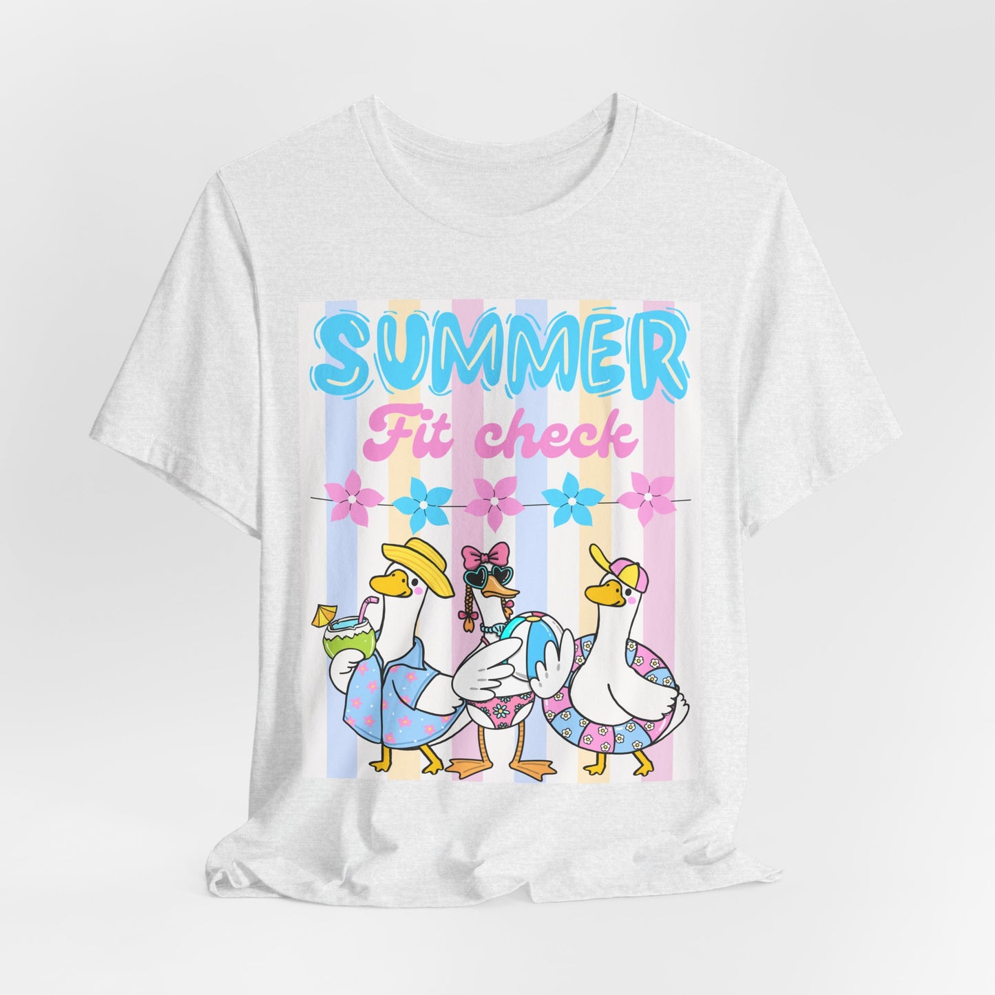 SunflowerPorchCo Summer Fit Check Tee | Cartoon Ducks in Sunglasses, Pastel Beach Vibes