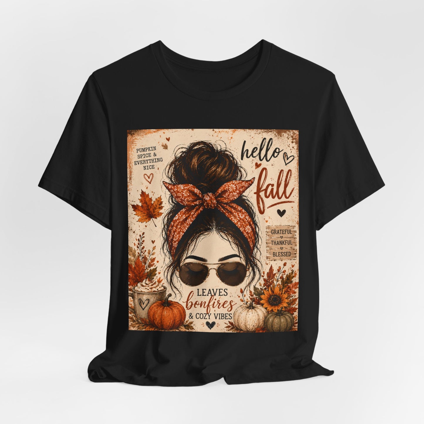 Sunflower Porch Co Hello Fall messy bun graphic Tee | Pumpkin leaves sunflower autumn design