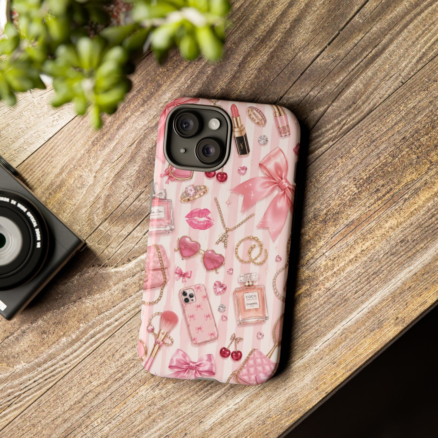 Pink Glam Pattern phone case | Makeup, bows, perfume, lipstick design
