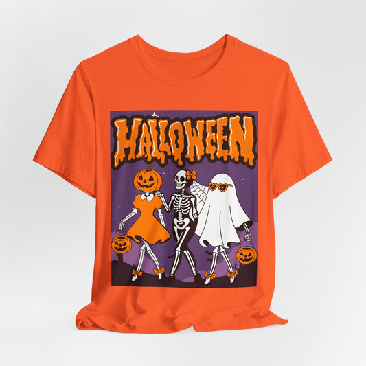 SunflowerPorchCo Dancing Skeletons and Pumpkins Halloween T-Shirt | Retro Spooky Trio Tee