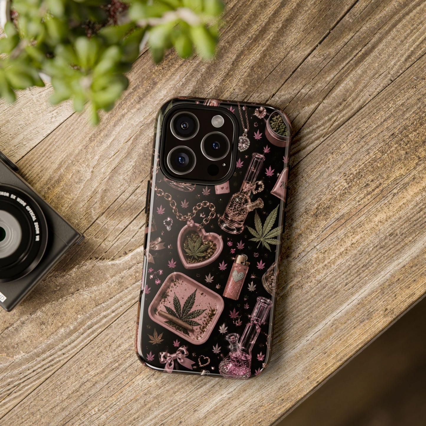 Sunflower Porch Co Pink Cannabis Pattern Tough Case | Weed Leaf Phone Case, Grinder & Lighter Design