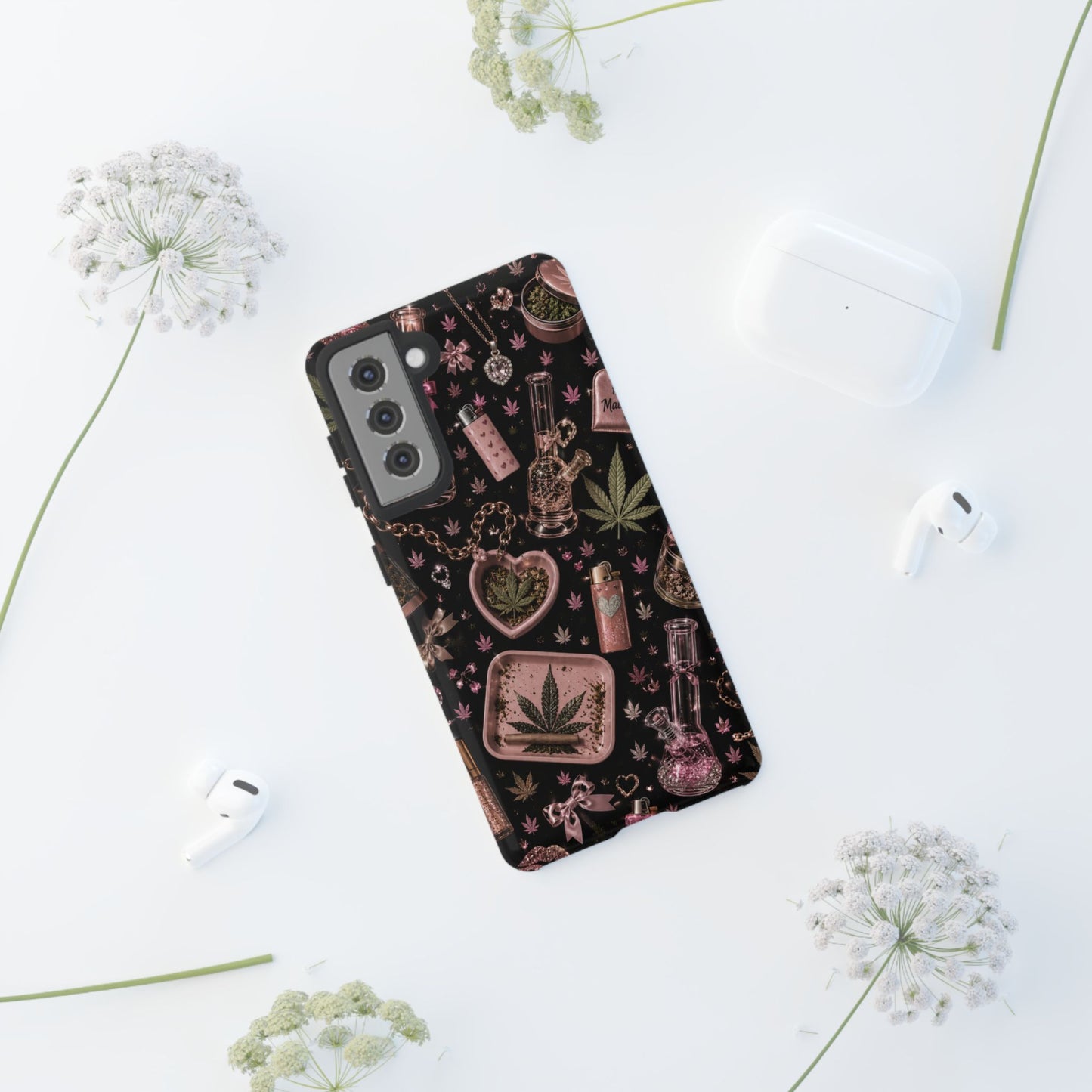 Sunflower Porch Co Pink Cannabis Pattern Tough Case | Weed Leaf Phone Case, Grinder & Lighter Design