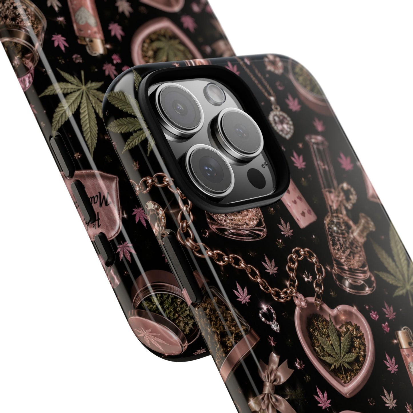 Sunflower Porch Co Pink Cannabis Pattern Tough Case | Weed Leaf Phone Case, Grinder & Lighter Design