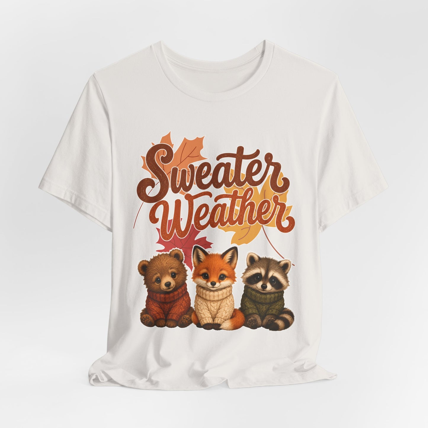 Sweater Weather woodland animals Tee | Fox Bear Raccoon fall leaves