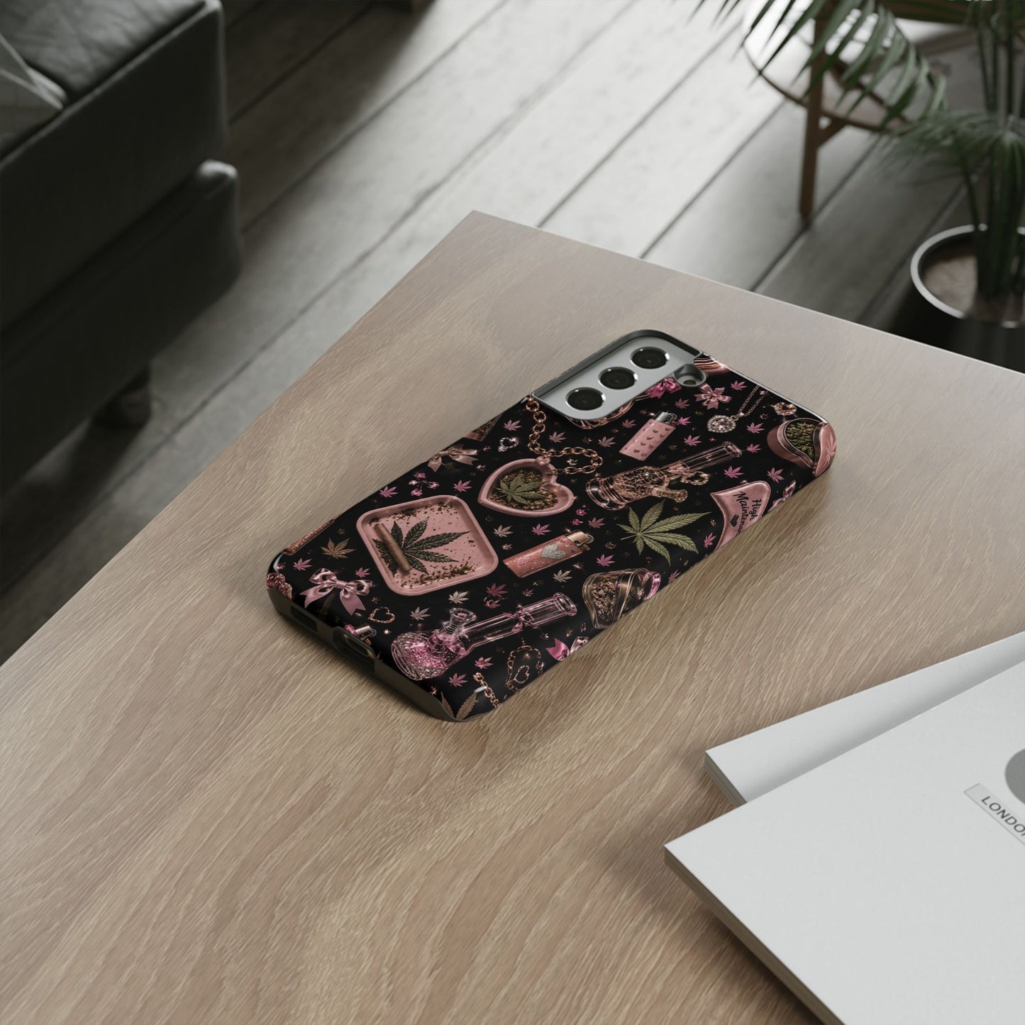Sunflower Porch Co Pink Cannabis Pattern Tough Case | Weed Leaf Phone Case, Grinder & Lighter Design