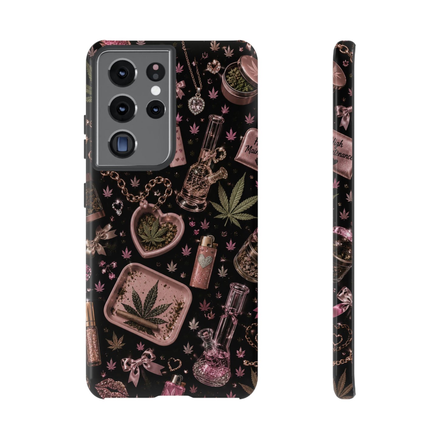 Sunflower Porch Co Pink Cannabis Pattern Tough Case | Weed Leaf Phone Case, Grinder & Lighter Design