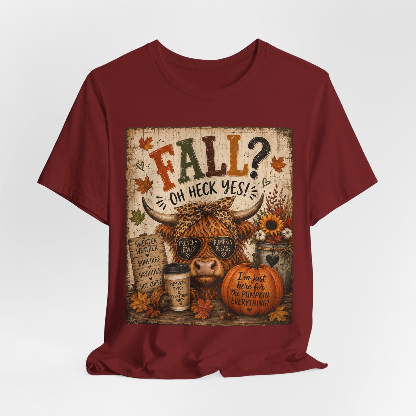 Sunflower Porch Co Fall? Oh Heck Yes! Highland Cow Pumpkin Tee | Autumn Coffee Leaves Shirt