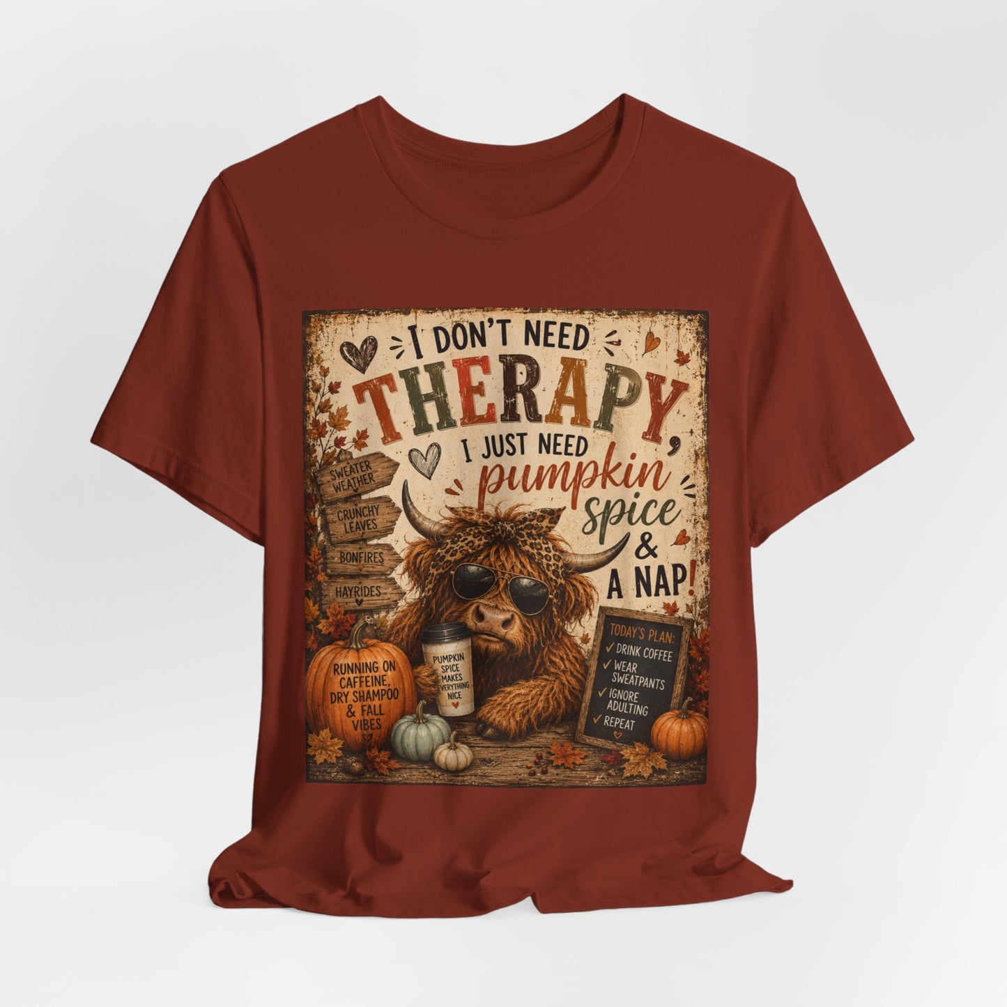 Sunflower Porch Co Pumpkin Spice & A Nap Highland Cow Tee | Fall Autumn Cozy Shirt