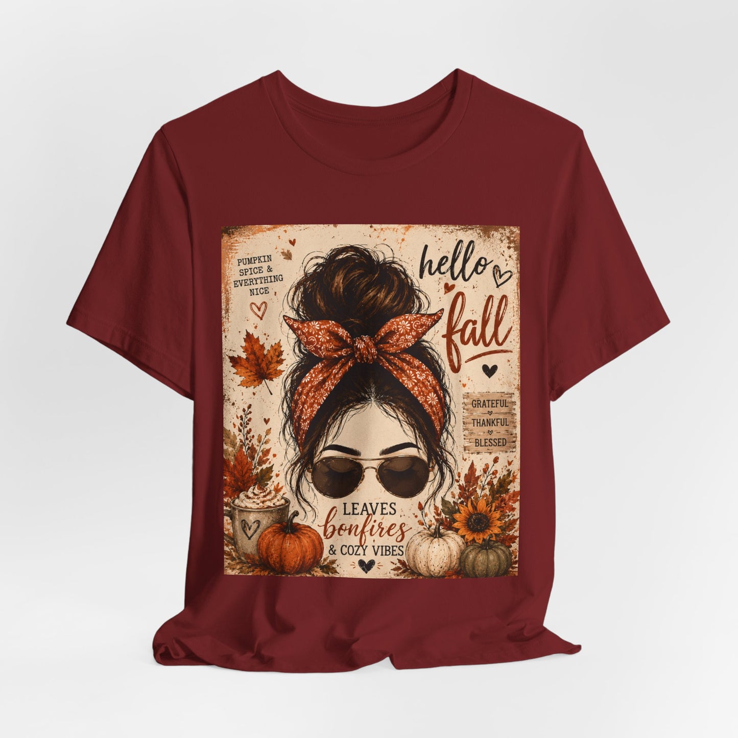 Sunflower Porch Co Hello Fall messy bun graphic Tee | Pumpkin leaves sunflower autumn design