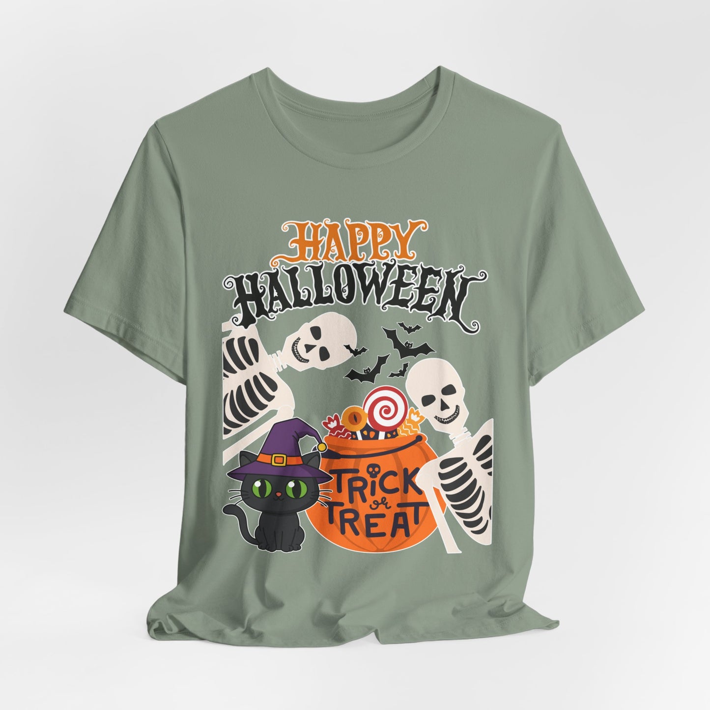 Happy Halloween skeletons, black cat, trick or treat tee