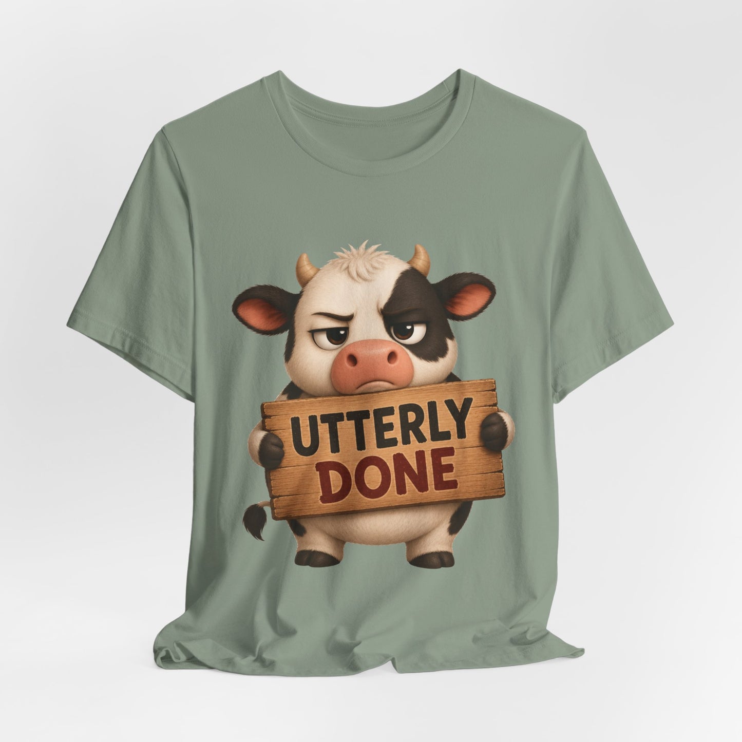 Sunflower Porch Co Utterly Done Cow Graphic Tee — Funny Cute Cow Holding 'Utterly Done' Sign