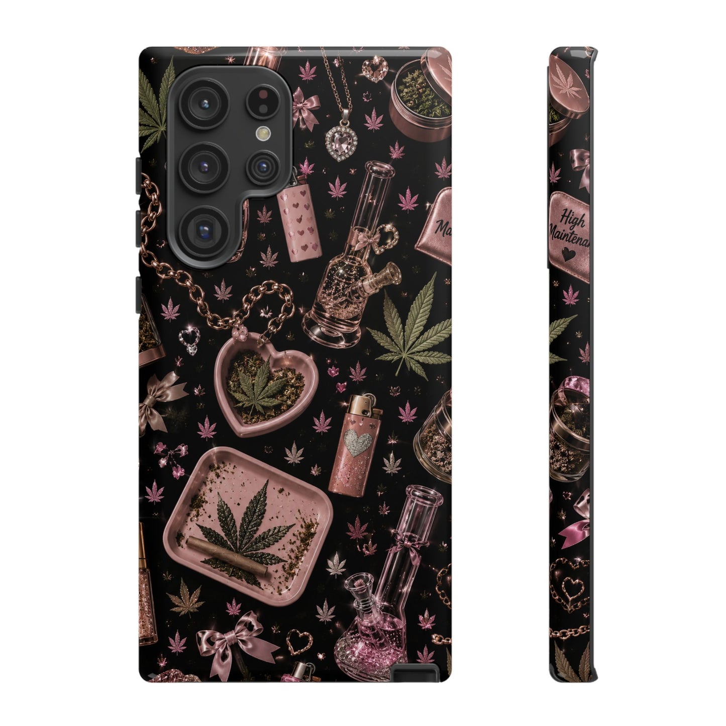 Sunflower Porch Co Pink Cannabis Pattern Tough Case | Weed Leaf Phone Case, Grinder & Lighter Design