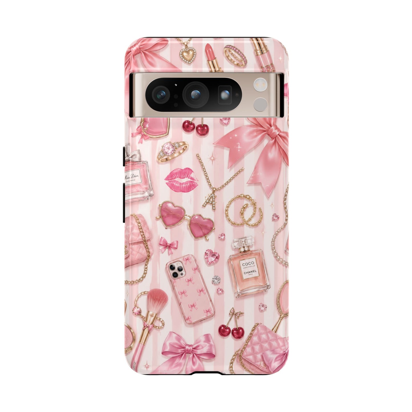 Pink Glam Pattern phone case | Makeup, bows, perfume, lipstick design