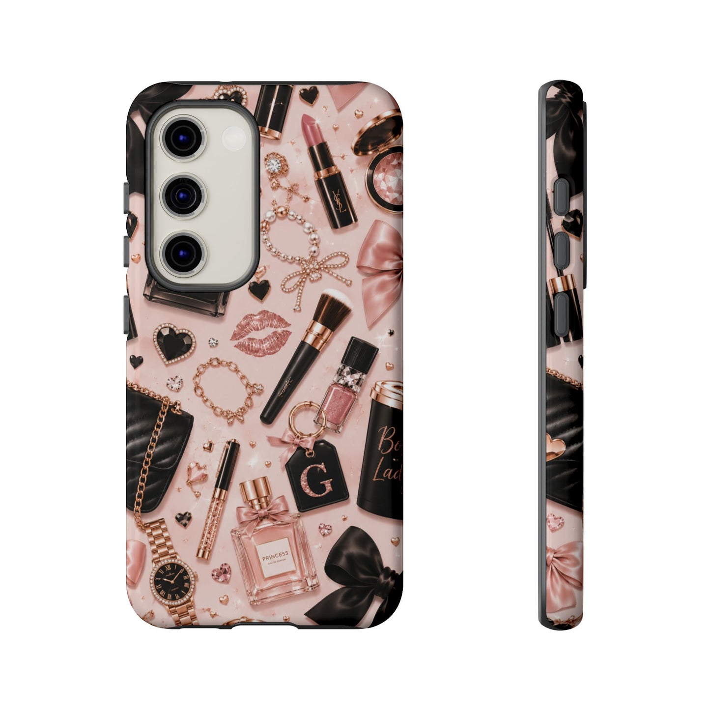 Sunflower Porch Co Glam Makeup Pattern Phone Case | Rose Gold Cosmetics, Perfume, Lipstick