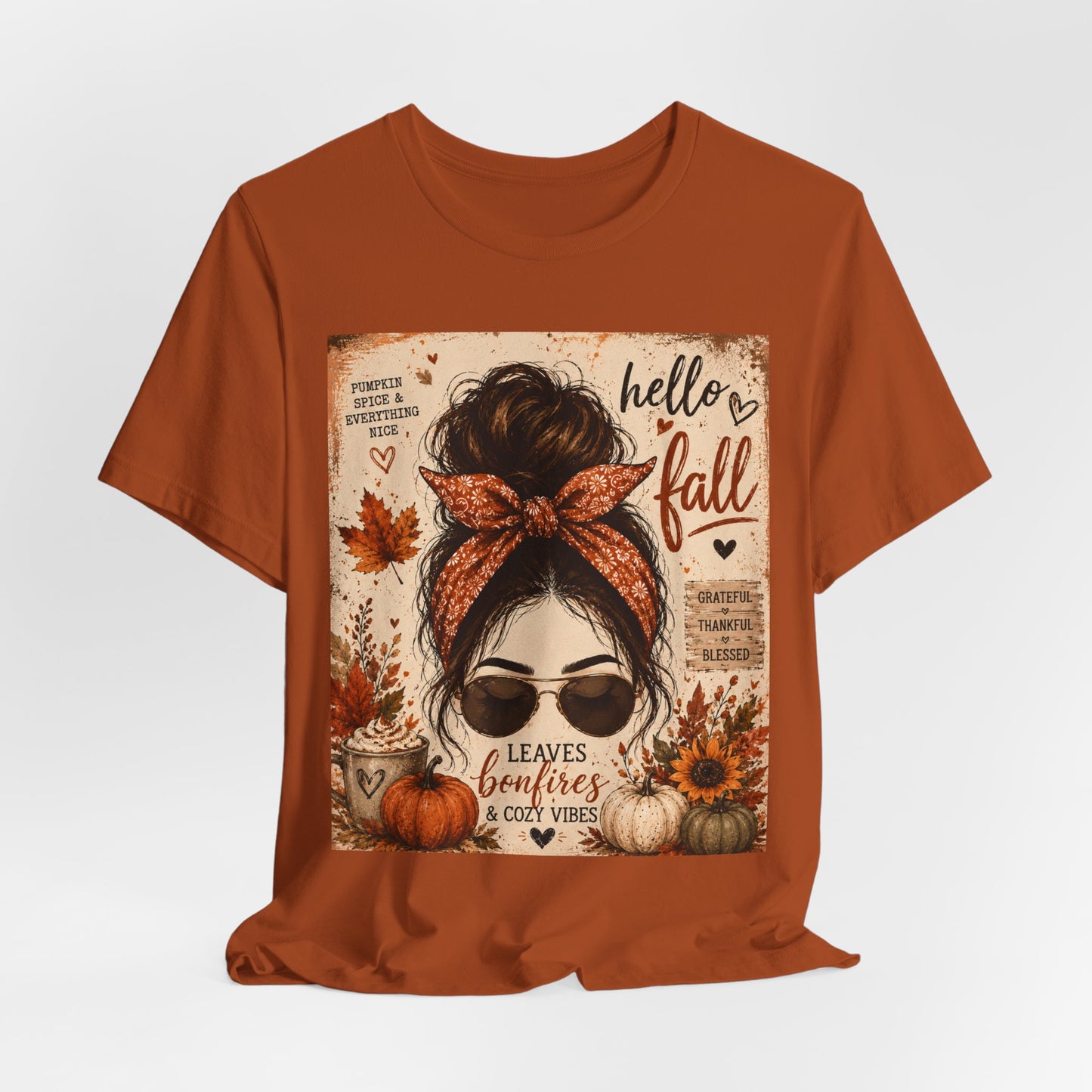 Sunflower Porch Co Hello Fall messy bun graphic Tee | Pumpkin leaves sunflower autumn design