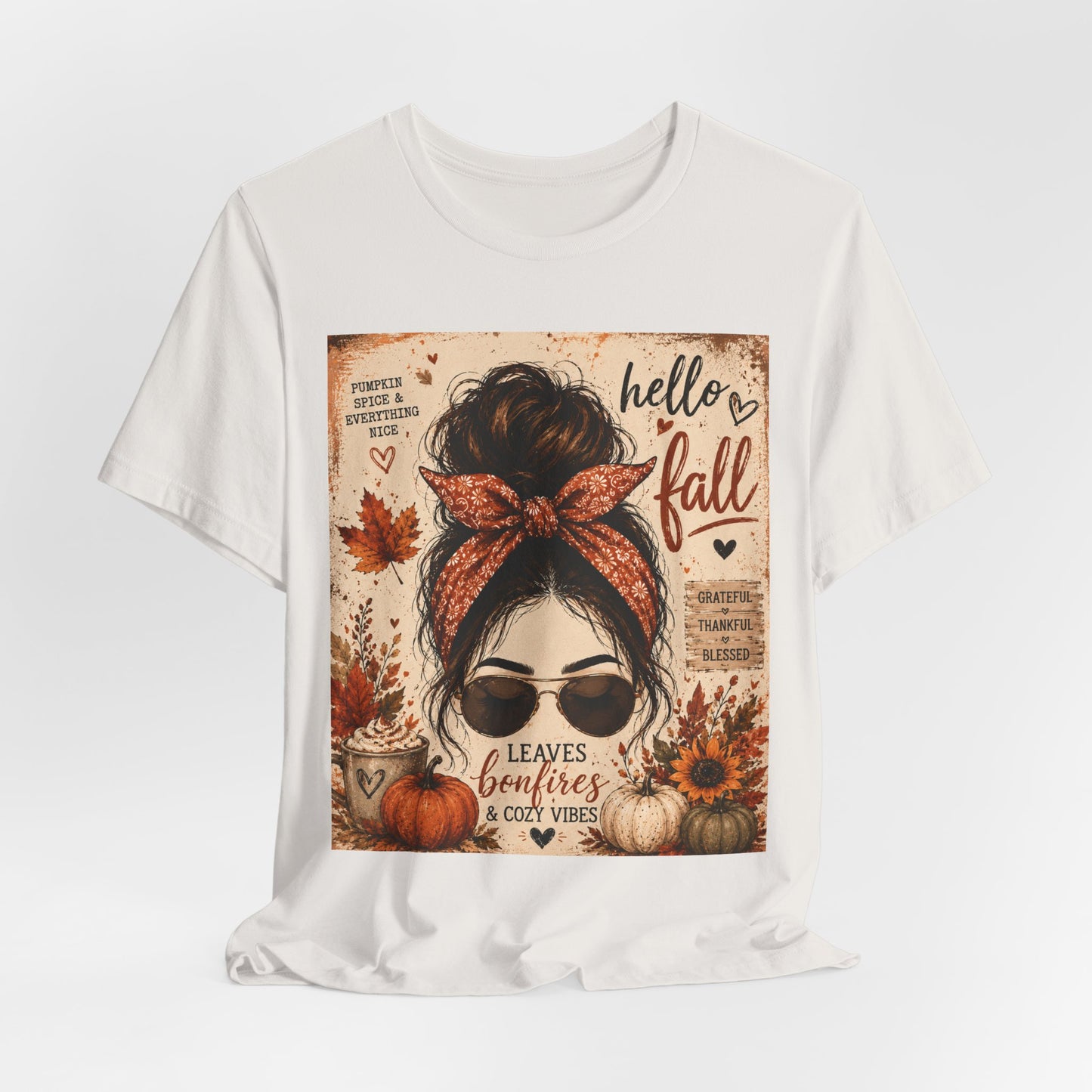 Sunflower Porch Co Hello Fall messy bun graphic Tee | Pumpkin leaves sunflower autumn design