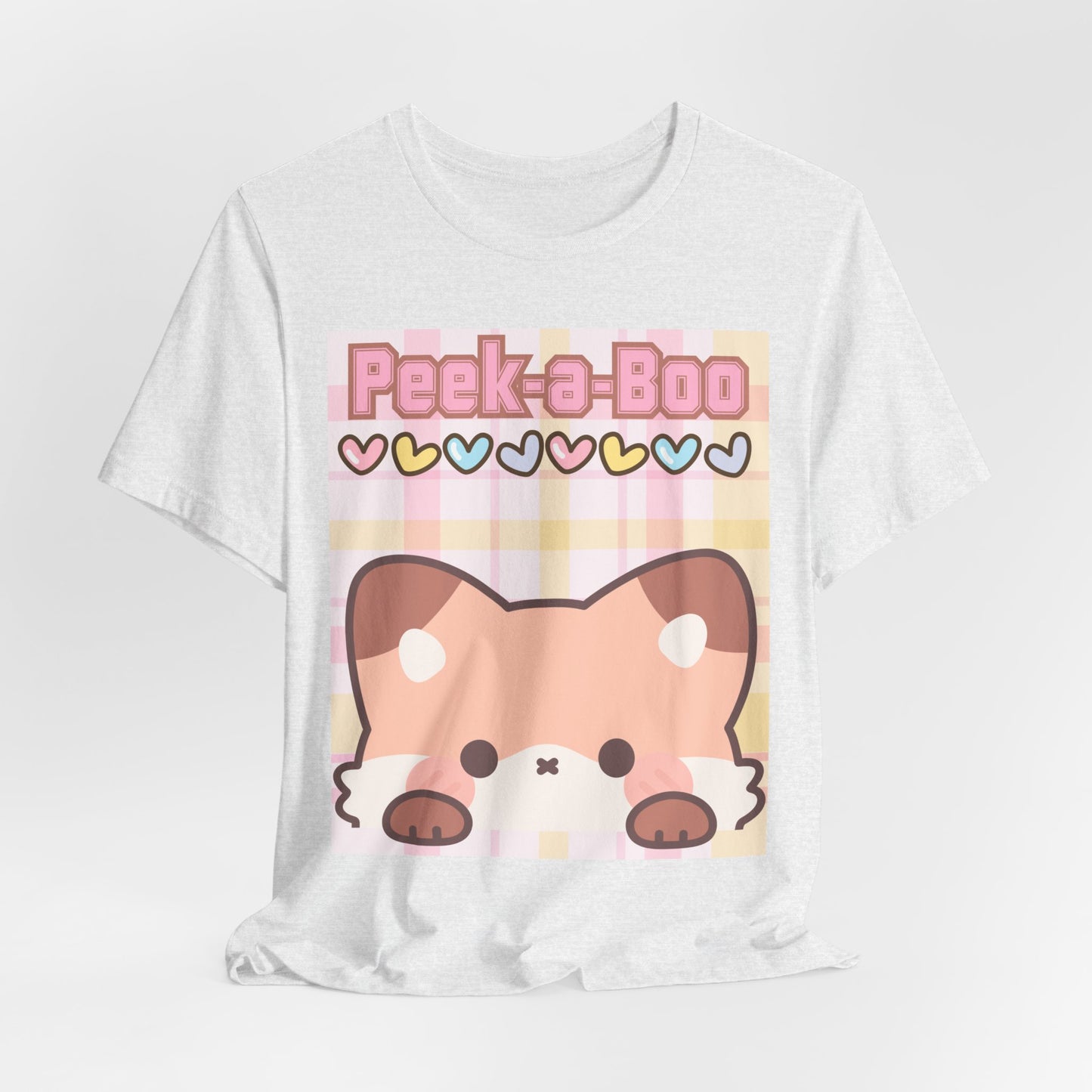 SunflowerPorchCo Peek-a-Boo Kawaii Fox Tee | Cute Pastel Hearts Plaid Shirt