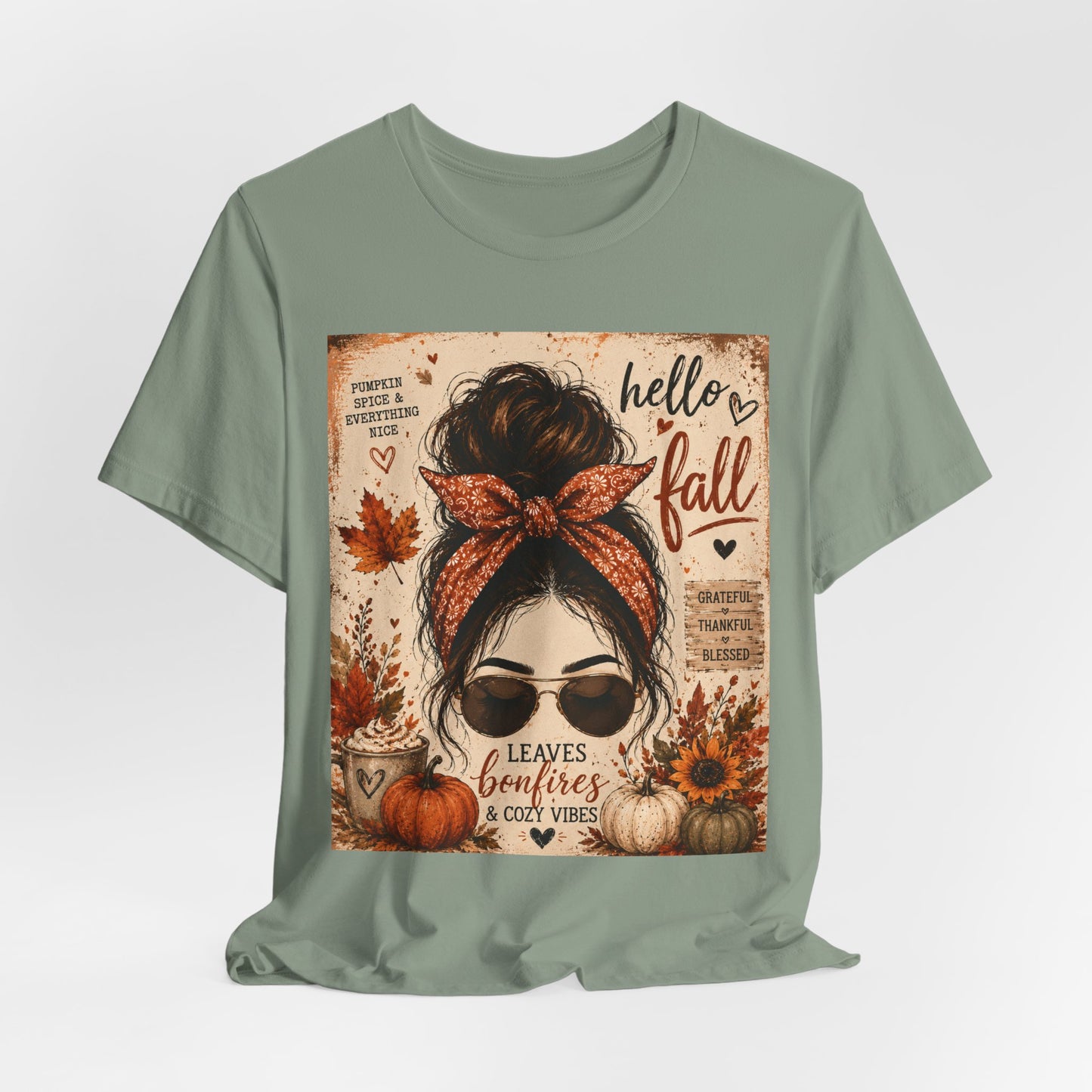 Sunflower Porch Co Hello Fall messy bun graphic Tee | Pumpkin leaves sunflower autumn design