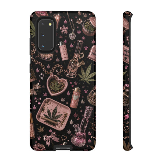 Sunflower Porch Co Pink Cannabis Pattern Tough Case | Weed Leaf Phone Case, Grinder & Lighter Design