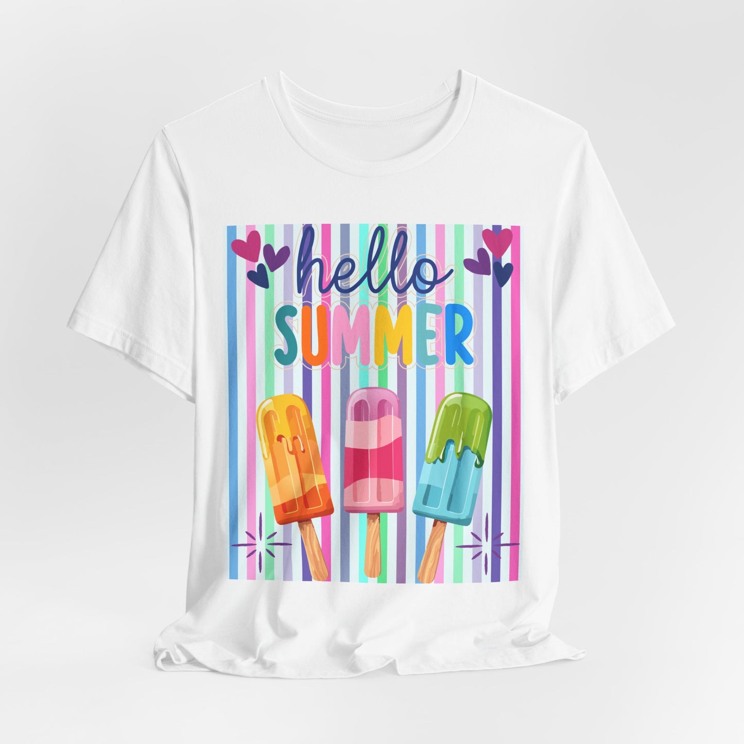 Sunflower Porch Co Hello Summer Popsicles T-Shirt | Colorful Stripes, Cute Ice Cream Design