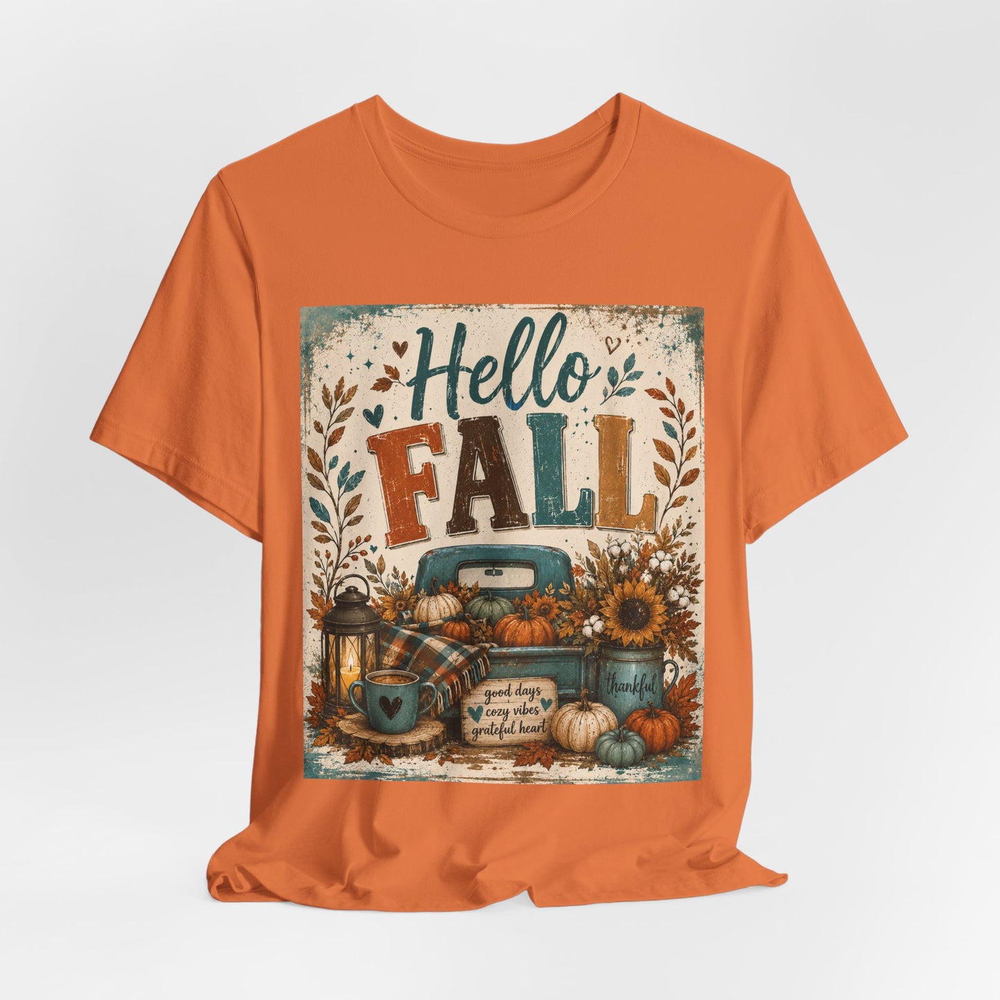 Sunflower Porch Co Hello Fall Truck Tee | Pumpkin, Sunflower, Rustic Autumn Design