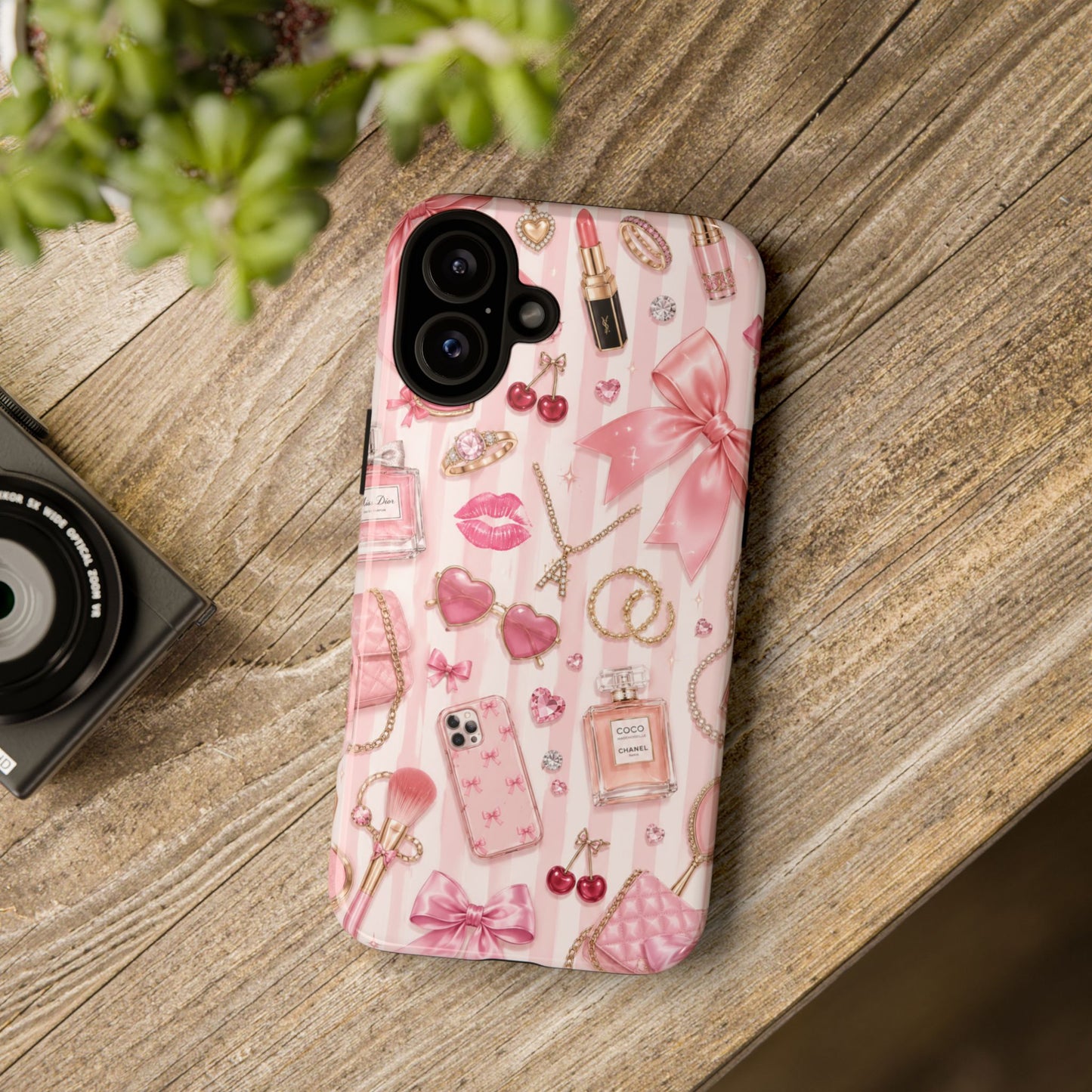 Pink Glam Pattern phone case | Makeup, bows, perfume, lipstick design