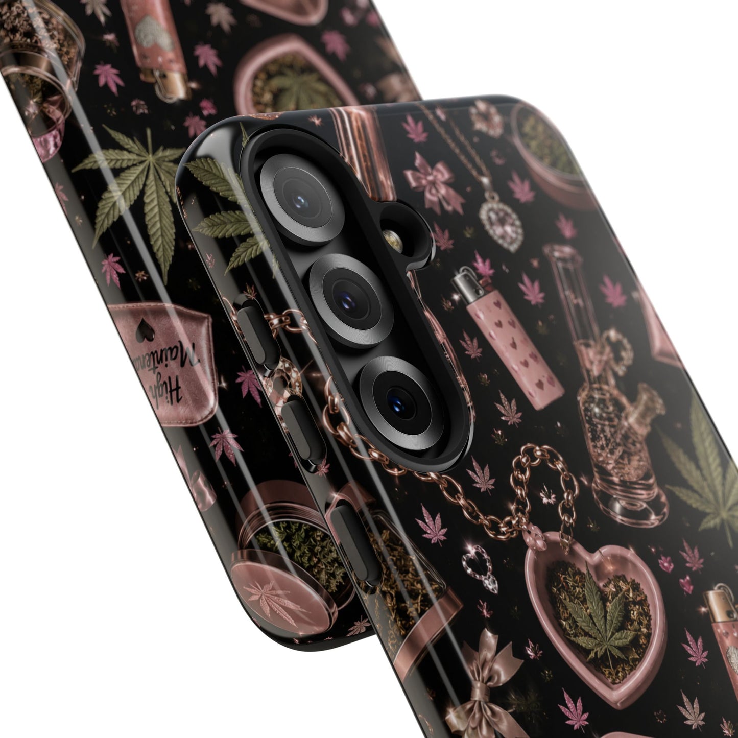 Sunflower Porch Co Pink Cannabis Pattern Tough Case | Weed Leaf Phone Case, Grinder & Lighter Design