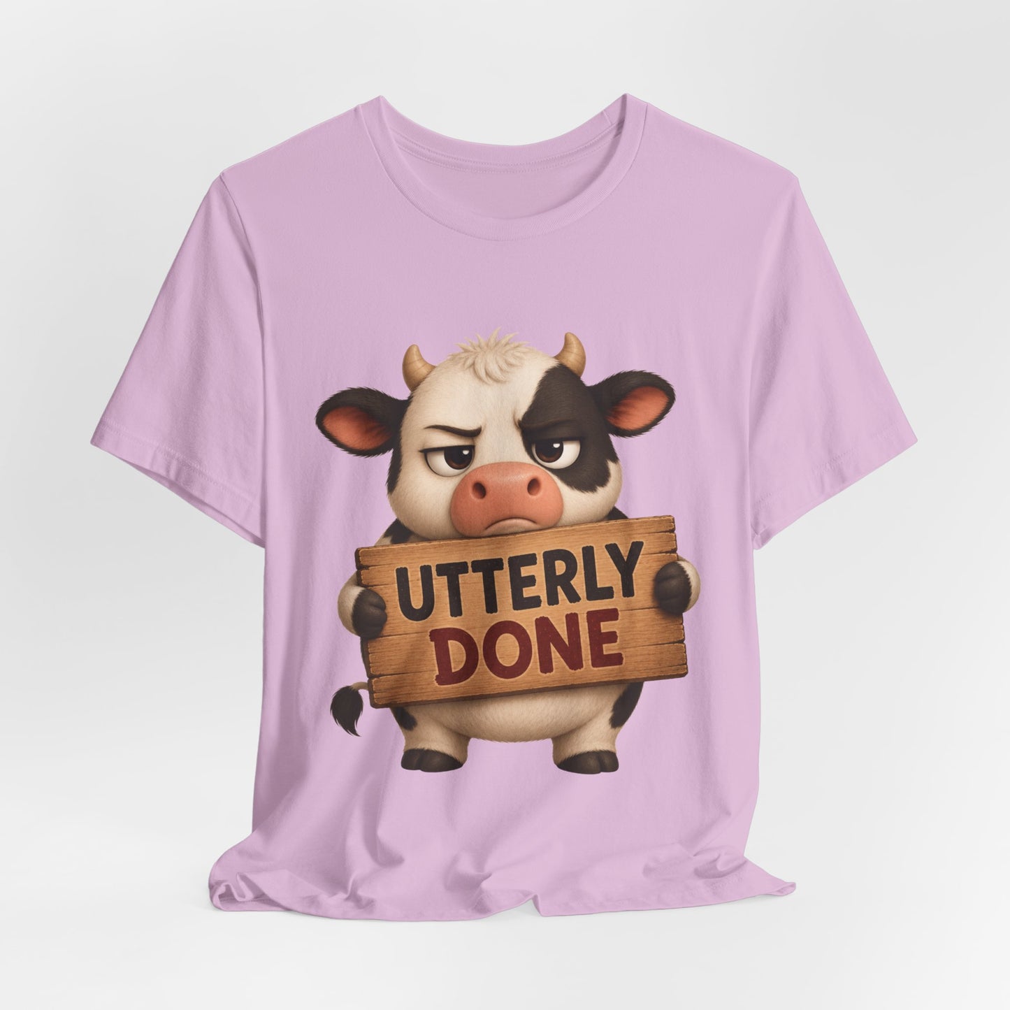 Sunflower Porch Co Utterly Done Cow Graphic Tee — Funny Cute Cow Holding 'Utterly Done' Sign