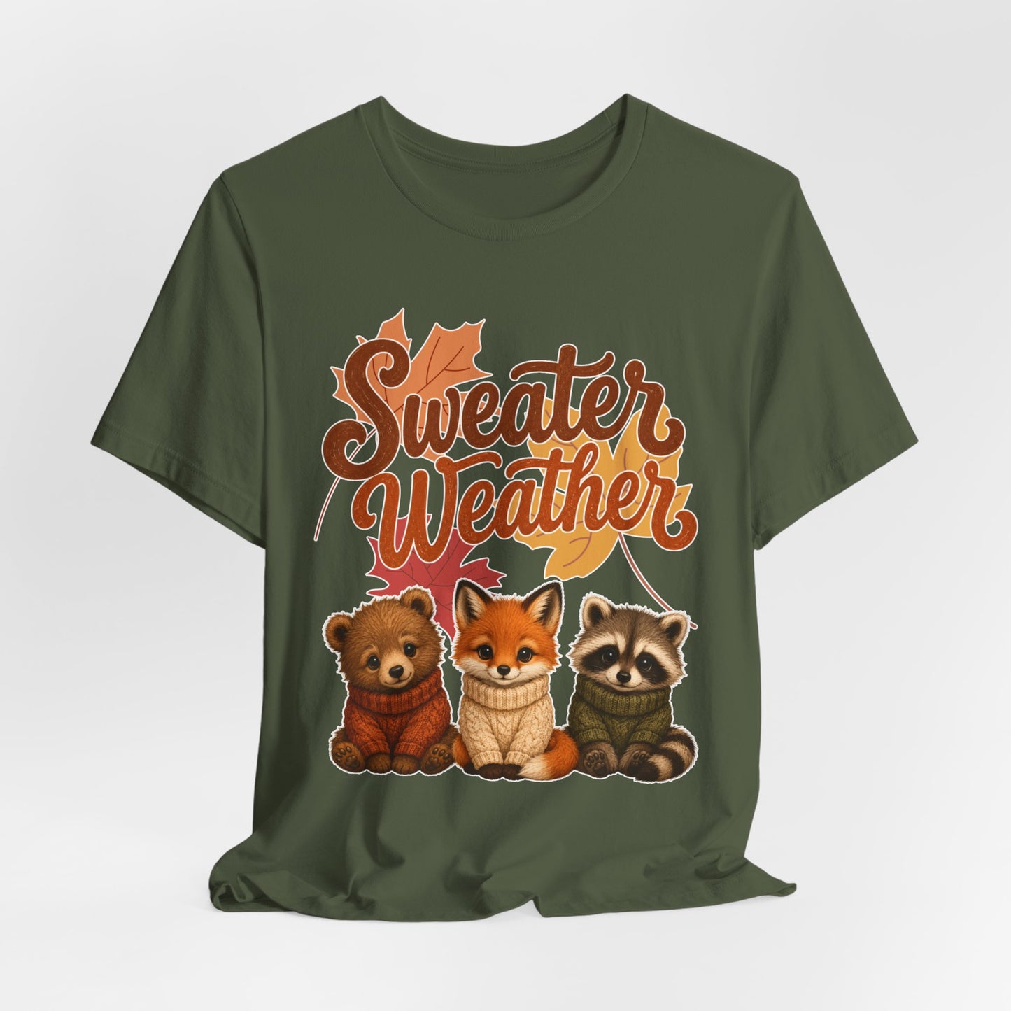 Sweater Weather woodland animals Tee | Fox Bear Raccoon fall leaves